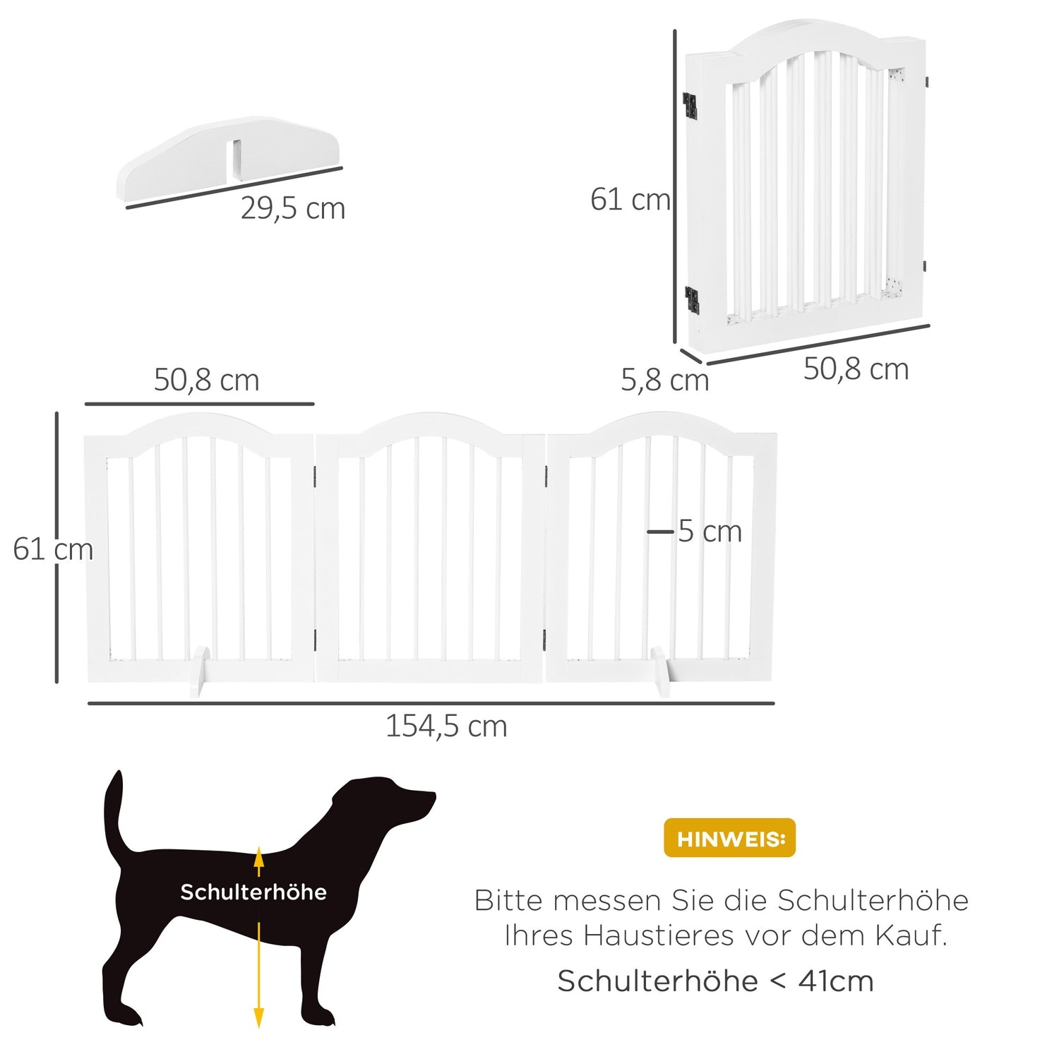 Dog Gate Barrier, Stabil 3-Panel MDF, Vikbar, Vit