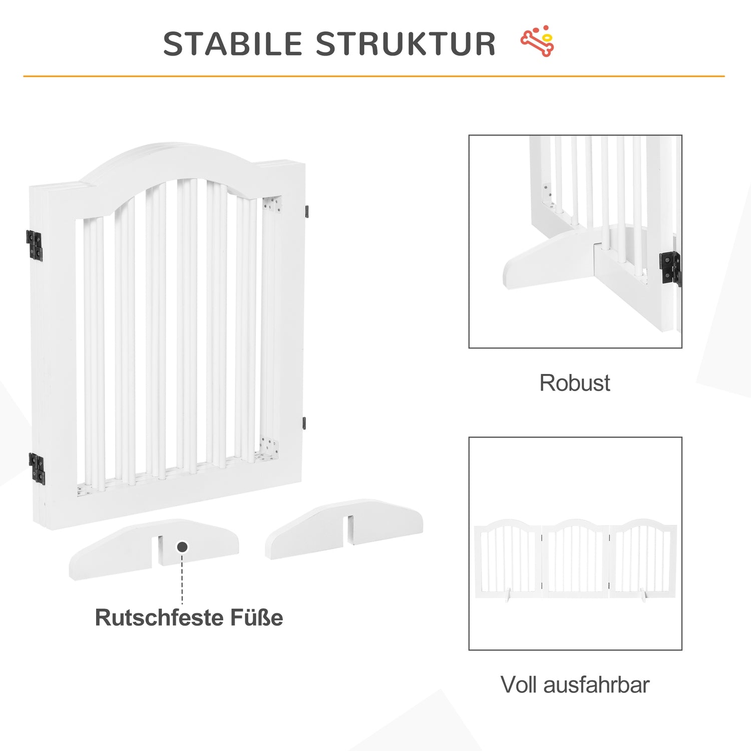 Dog Gate Barrier, Stabil 3-Panel MDF, Vikbar, Vit