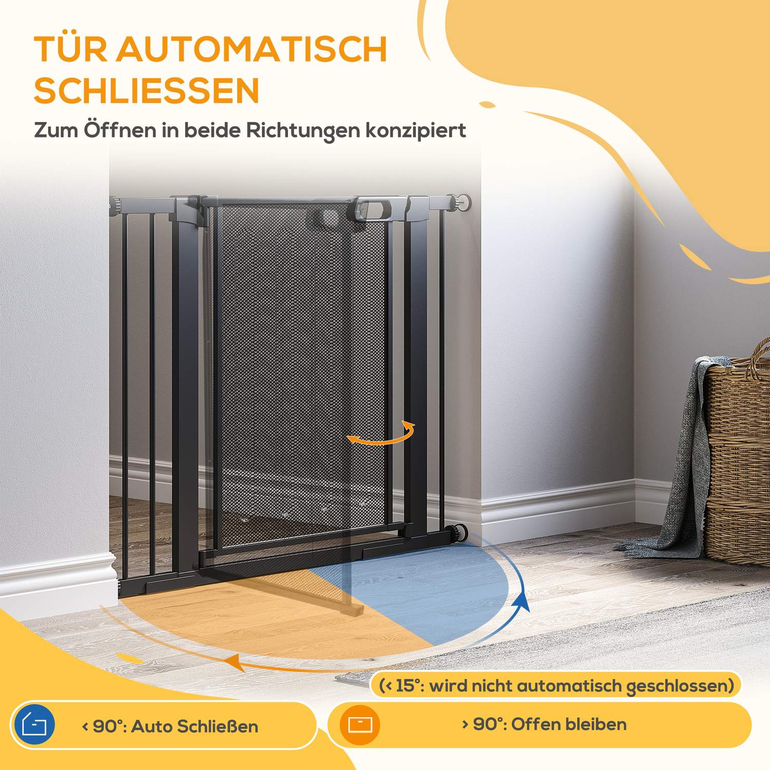 Dog Gate, No Drill, Auto-Close, Stål, 75-103 Cm, Svart