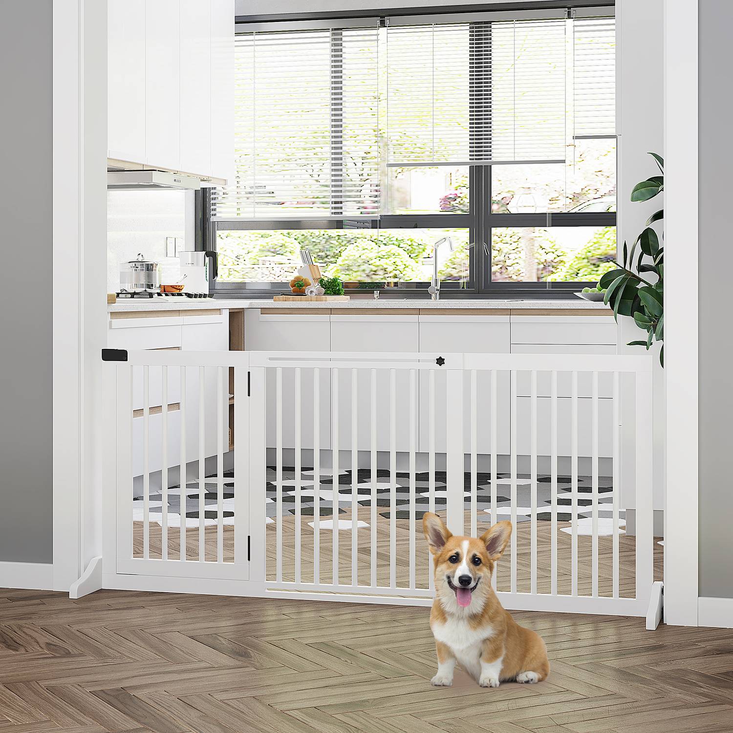 Dog Safety Gate – Fristående trä med lättåtkomlig dörr, vit