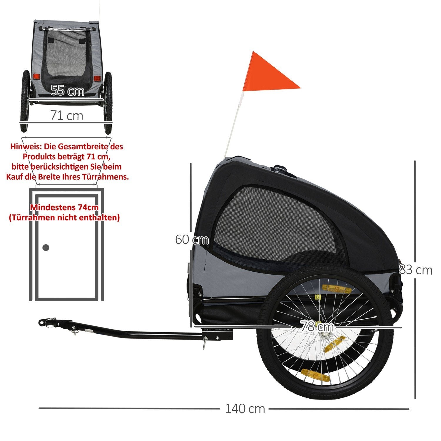 Hundsläp Hopfällbar Cykelsläp Med Meshfönster, Reflektorer & Flagga, Snabbkoppling, Tillverkad Av Oxford Tyg & Stål, Svart, 140X71X83Cm