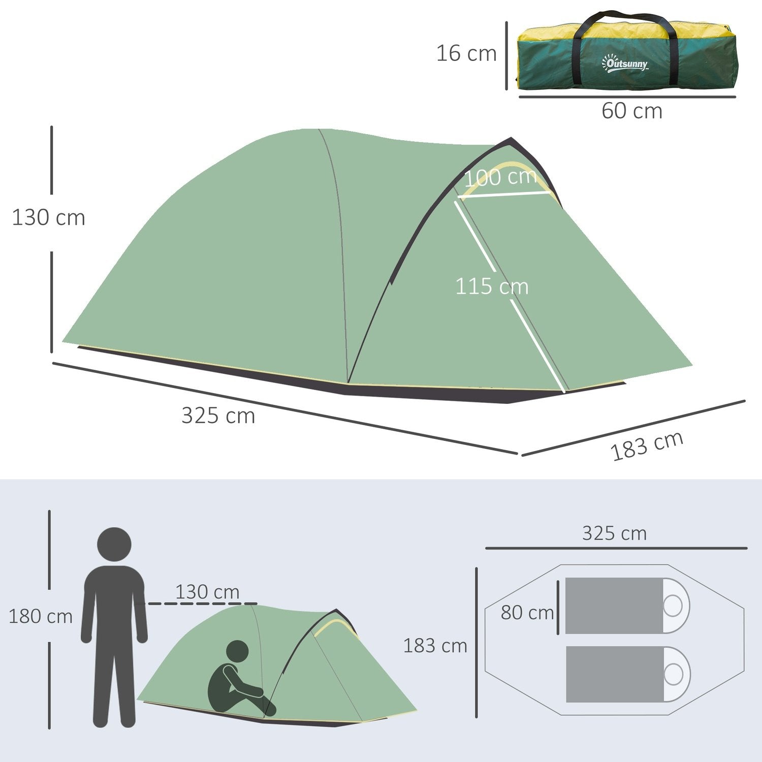 Kuppeltelt 2-3 personer 190T glassfiberpolyester Grønn+Gul 325X183X130Cm pinner