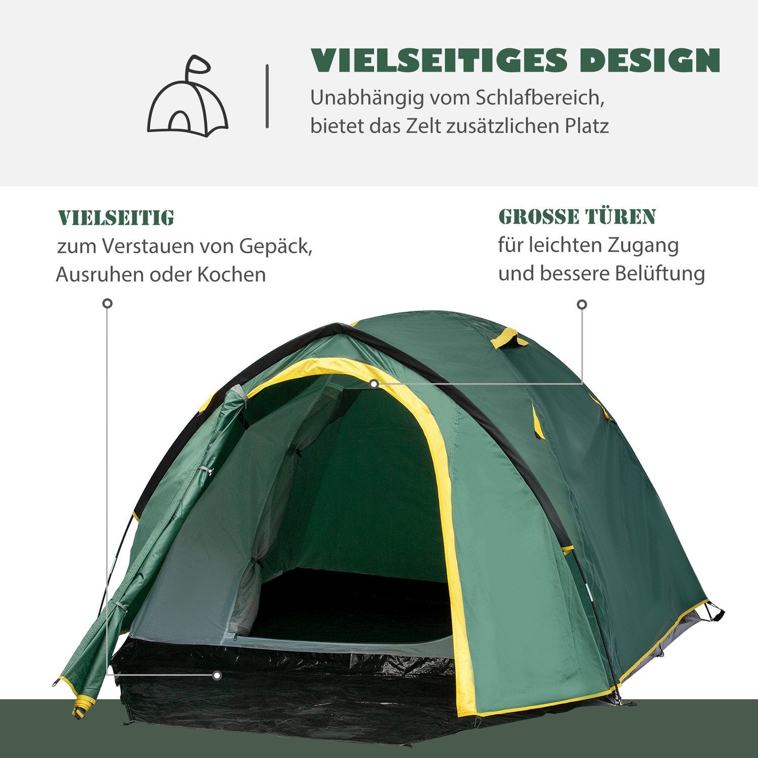 Kuppeltelt 2-3 personer 190T glassfiberpolyester Grønn+Gul 325X183X130Cm pinner