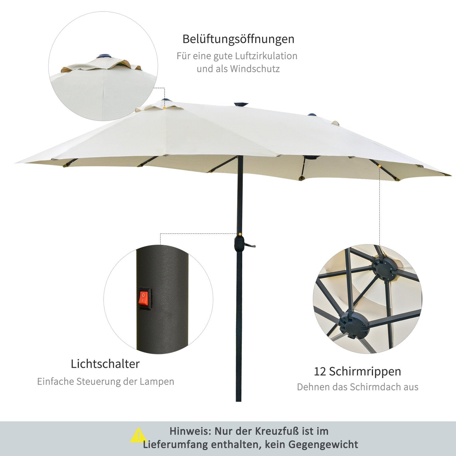 Parasoll Med Led Dubbelparasoll 440 X 260 Cm Trädgårdsparaply Marknadsparaply Stort Uteplatsparasoll Med Handvev Oval Metall Krämvit