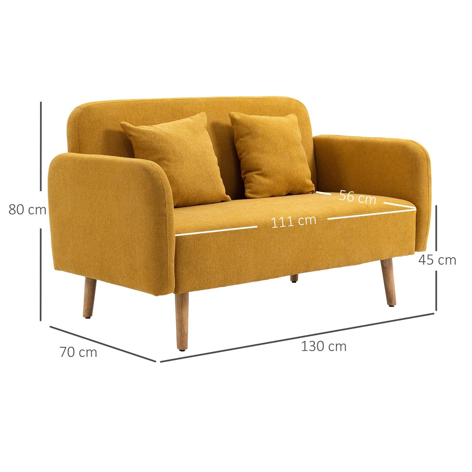 Dubbelsoffa Loveseat Med Kudde, Justerbara Fotstöd, Sammetslen Polyester, Skum, Kompakt Design, 2-Sits, Natur+Gul