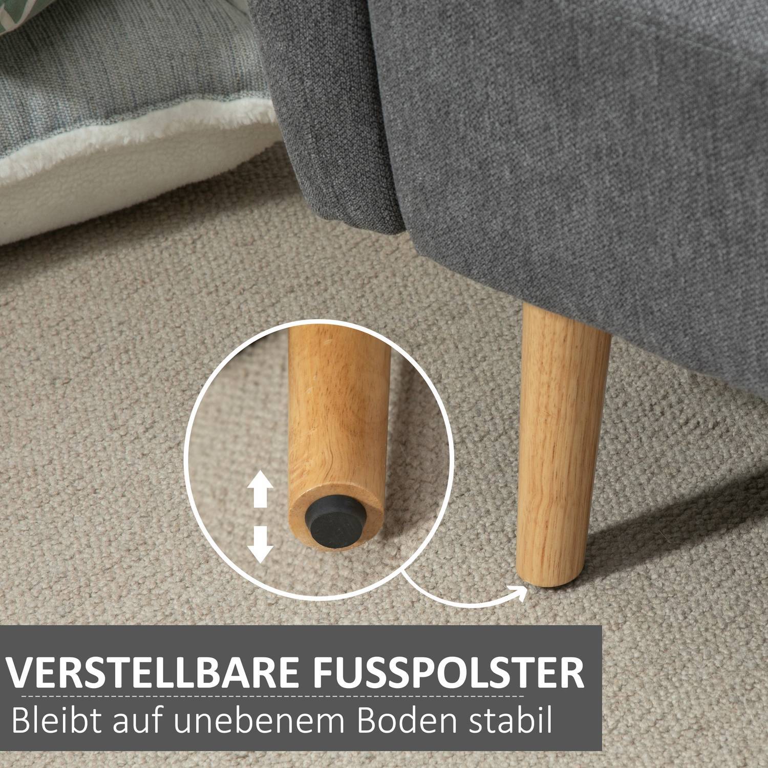 Dobbel sofa Loveseat med pute, justerbare fotstøtter, fløyelsmyk polyester, gummitre, skum, 2-seter, stofftrekk