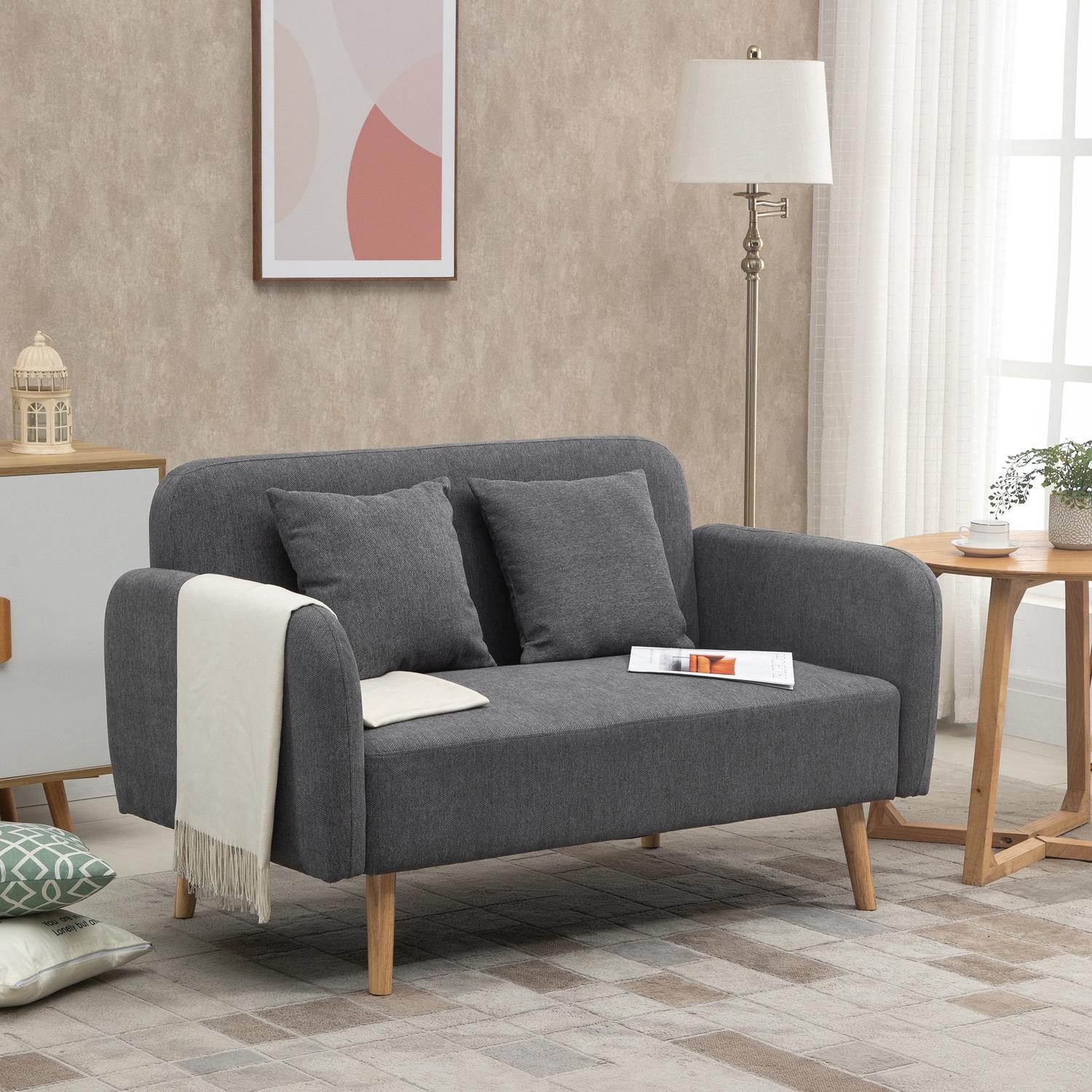 Dobbel sofa Loveseat med pute, justerbare fotstøtter, fløyelsmyk polyester, gummitre, skum, 2-seter, stofftrekk