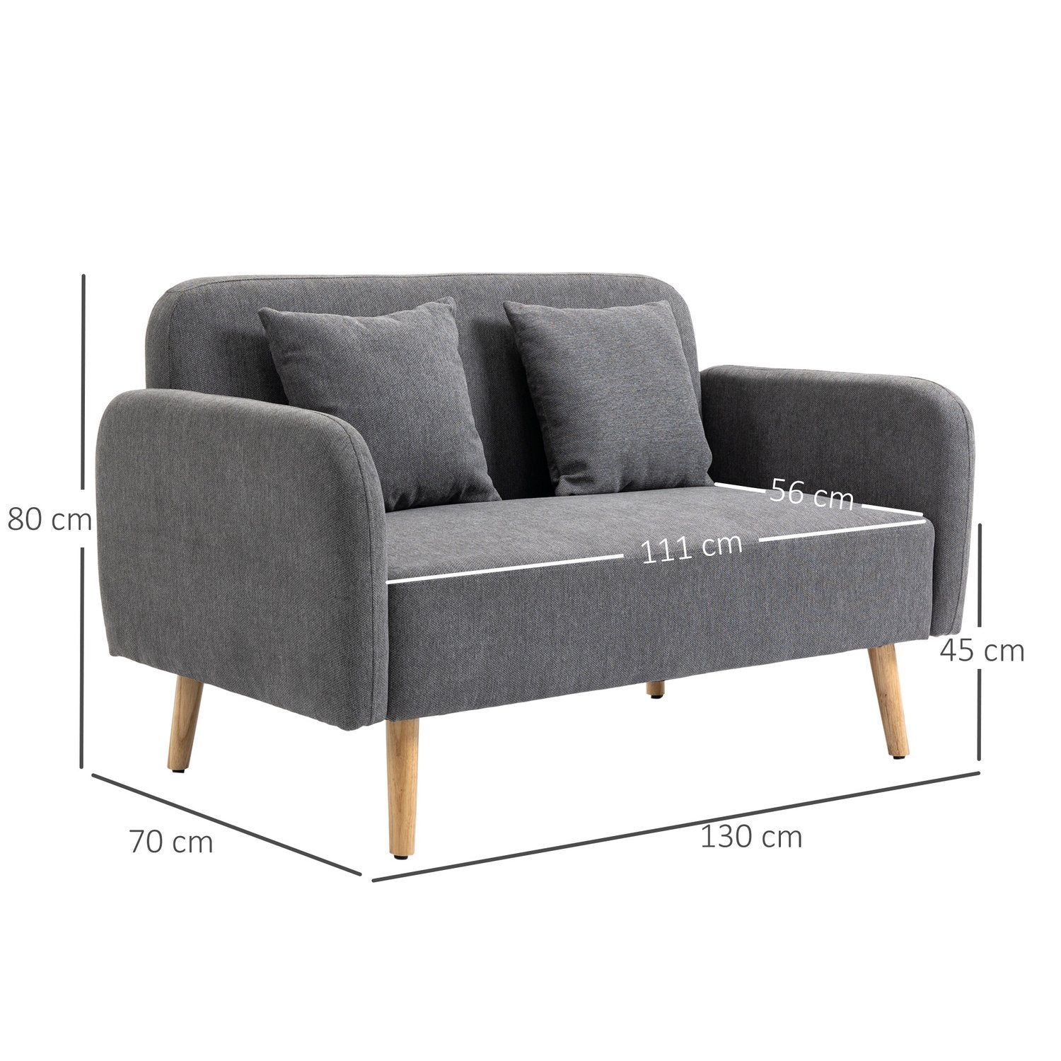 Dobbel sofa Loveseat med pute, justerbare fotstøtter, fløyelsmyk polyester, gummitre, skum, 2-seter, stofftrekk