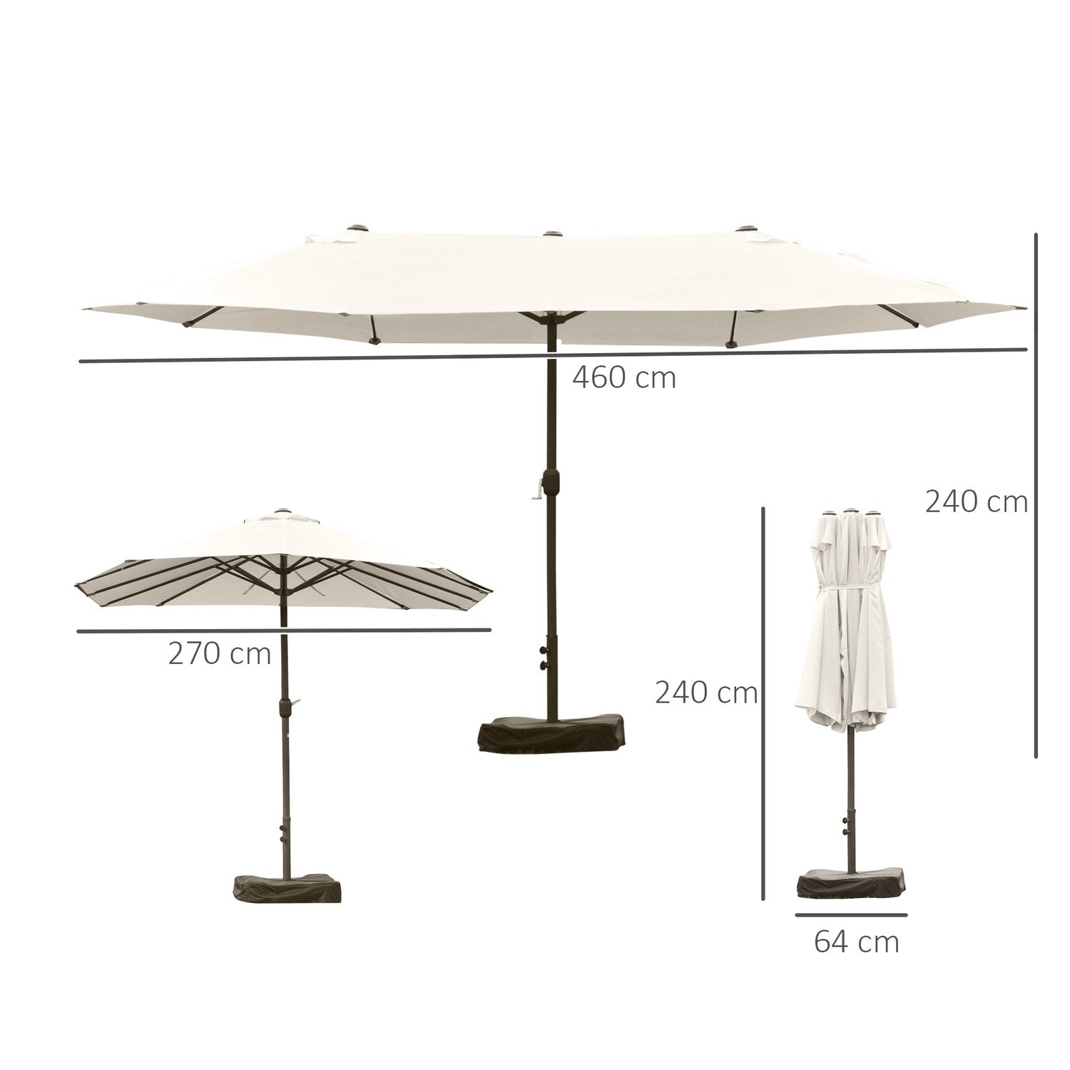 Dobbel Paraply Oval Håndsveiv Kremhvit 460X270X240Cm Stativ