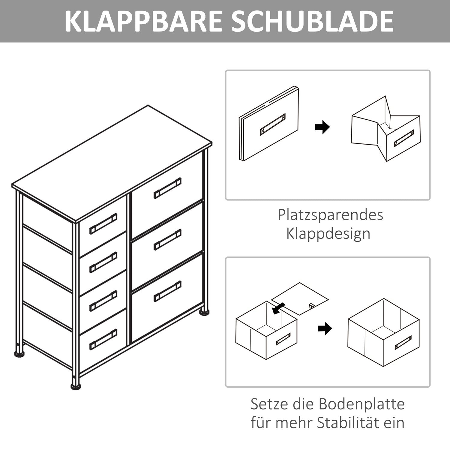 Skuffeskap Praktisk oppbevaringsskap med 7 sammenleggbare stoffskuffer, ikke-vevd, plassbesparende, grå, 63,5X30X71Cm