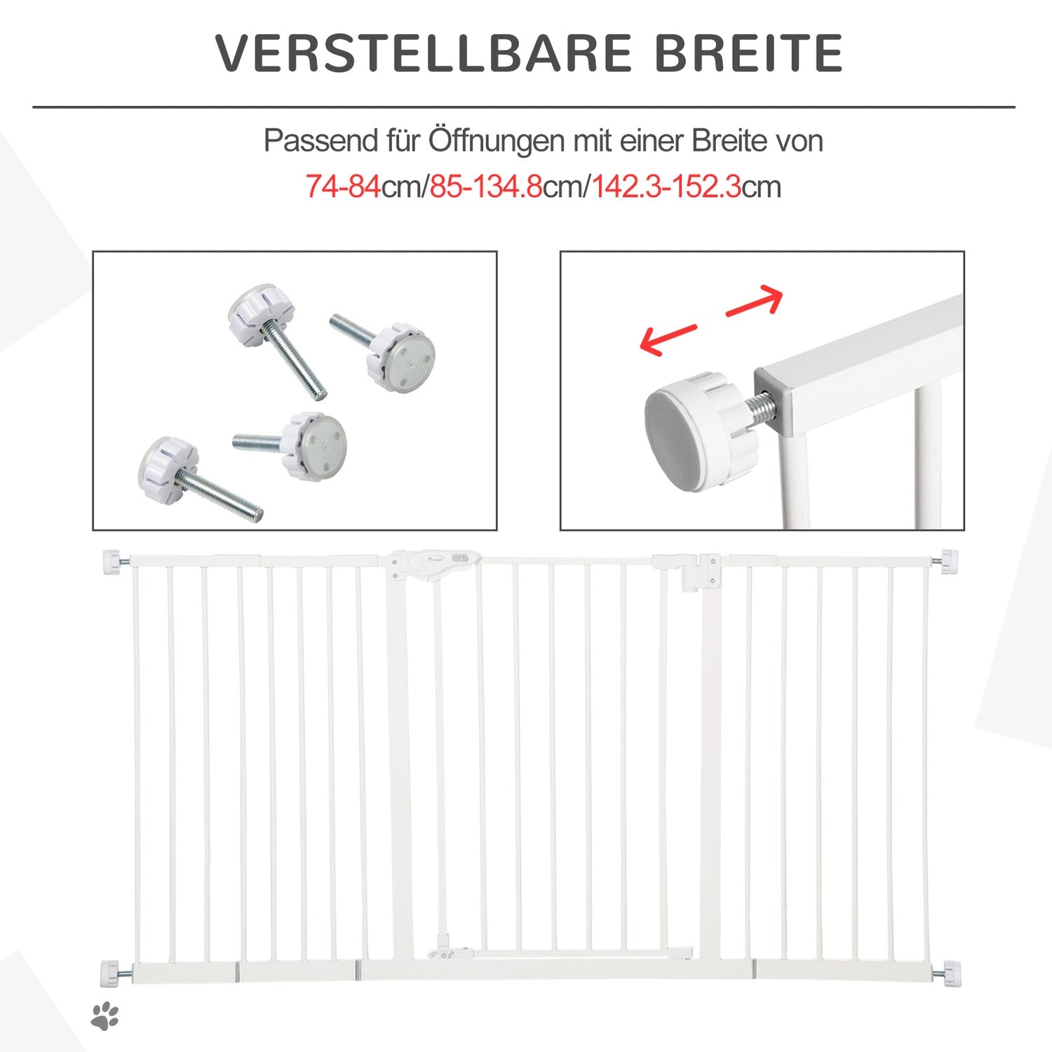 Justerbar metallport för husdjur – vit, ingen borr, 3 förlängningar