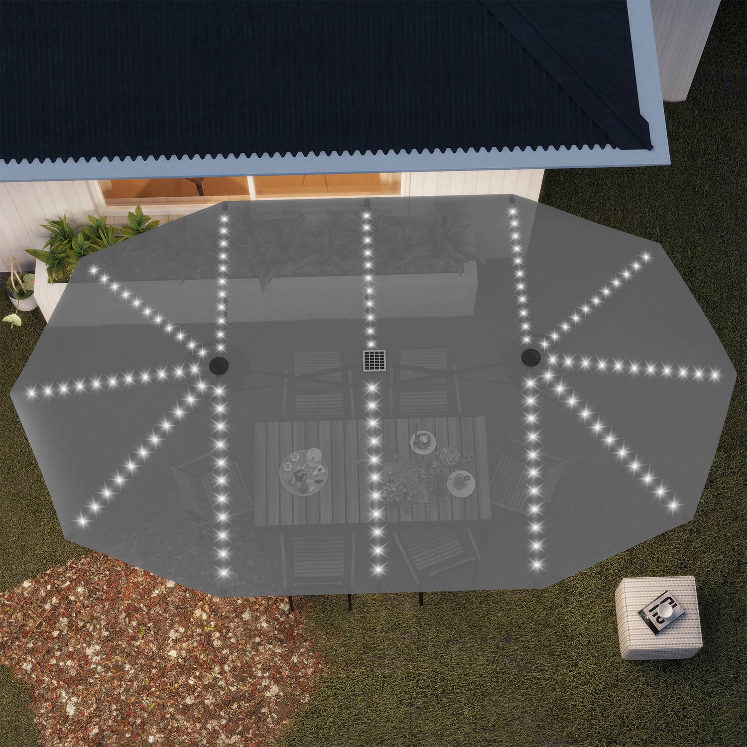 Dubbelparasoll med LED, UV50+ skydd, mörkgrå