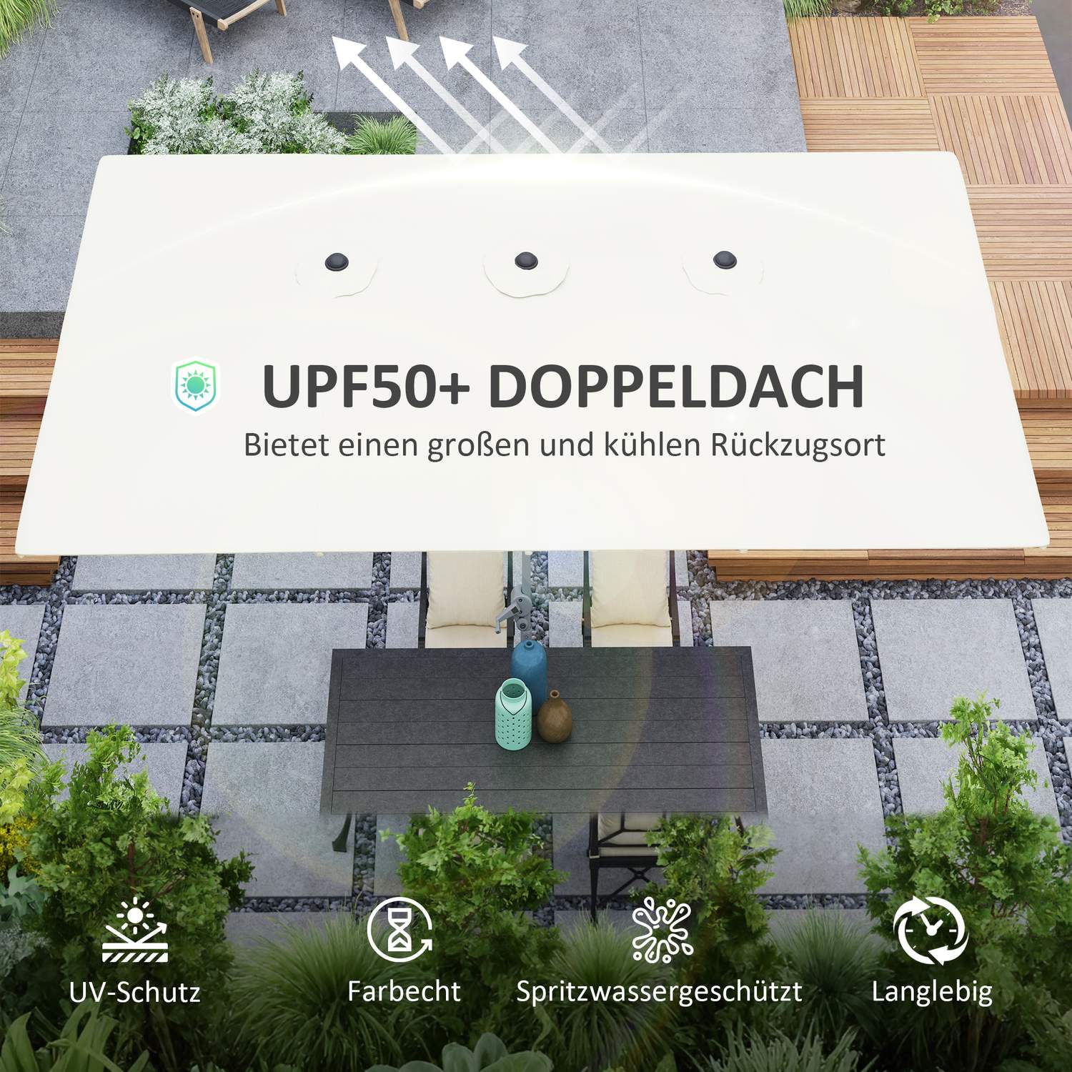 Dubbelparasoll, vindtät UV50+ 451x264cm, Krämvit