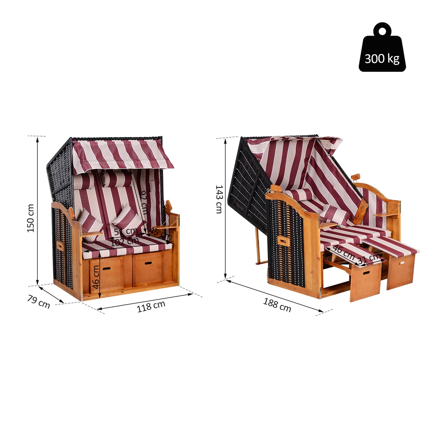 Dubbel solstol med tak- och dryckeshållare, röd/vit