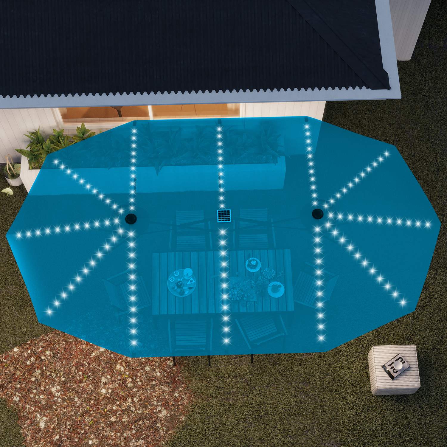 Dubbelt parasoll med solcellslysdioder, UV 50+ aluminium – blå