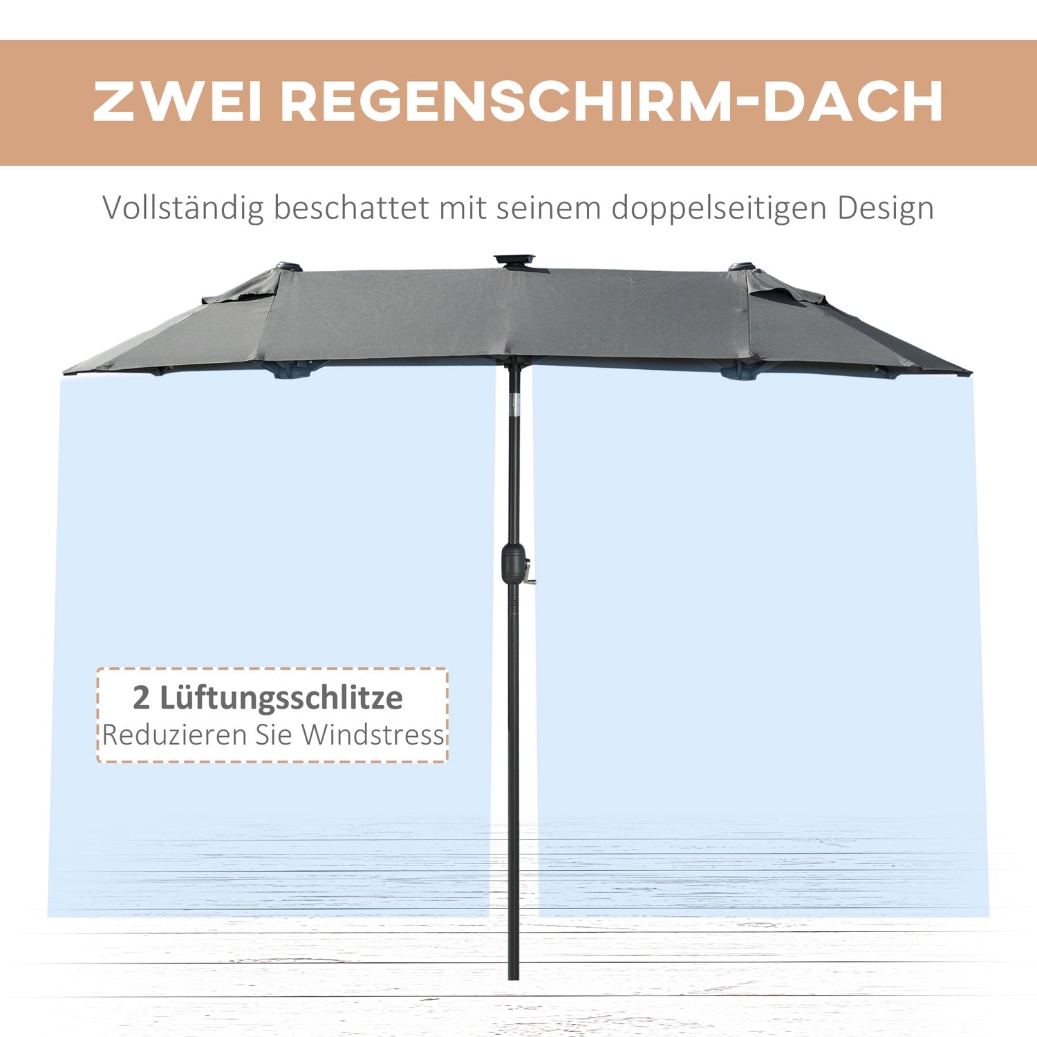 Dubbel trädgårdsparasoll, 295x219cm, vindtät med LED & Tilt