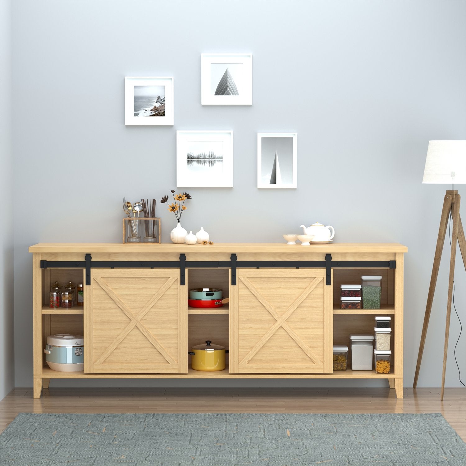 Dubbelt skjutdörrssystem i trä, svart kolstål