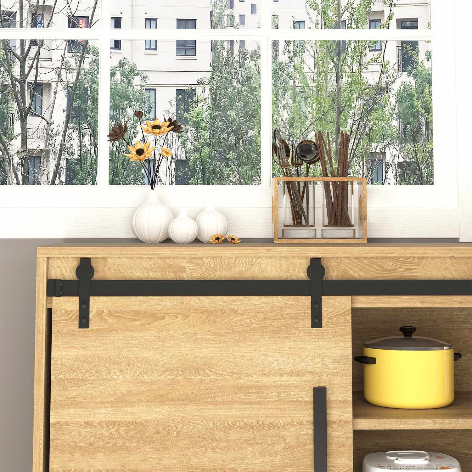 Dubbelt skjutdörrssystem i trä, svart kolstål