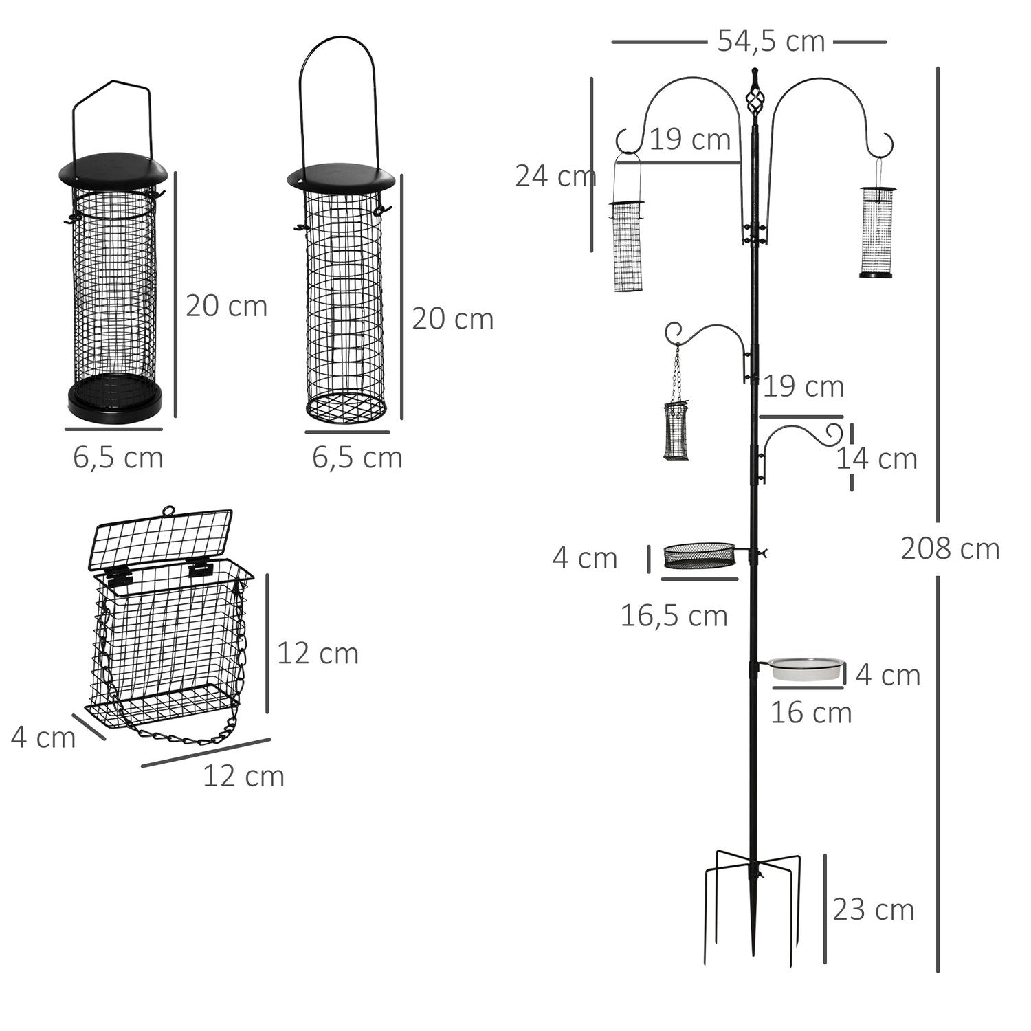 Fågelmatningsstation Set Fågelbad Matningsplatta Komplett Matningspelare Fågelmatningsstation Med 4 Krokar Stål Svart Höjd 208 Cm