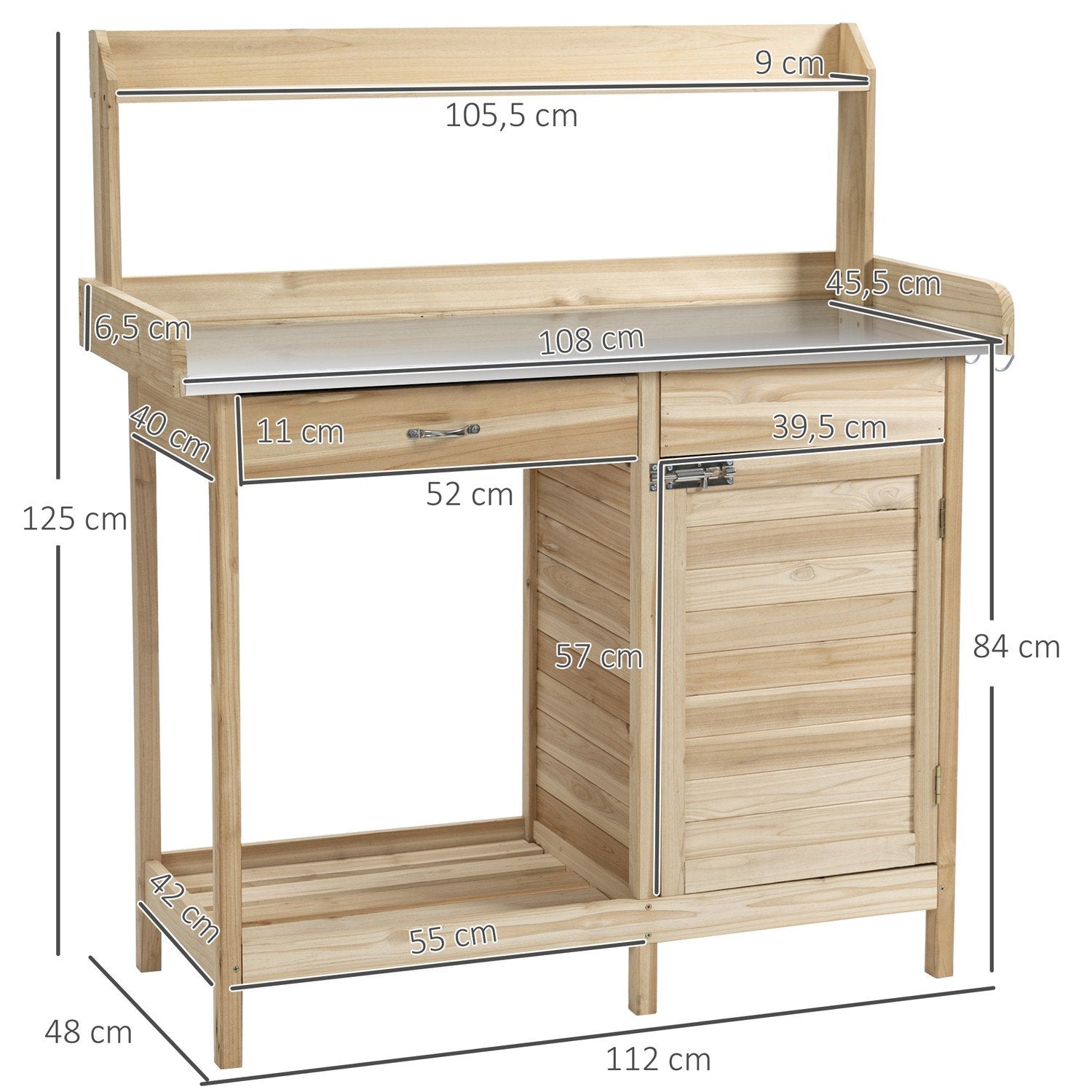 Flatt bord hagebord med galvanisert benkeplate, skuff og skap, 112X45X125Cm, naturlig