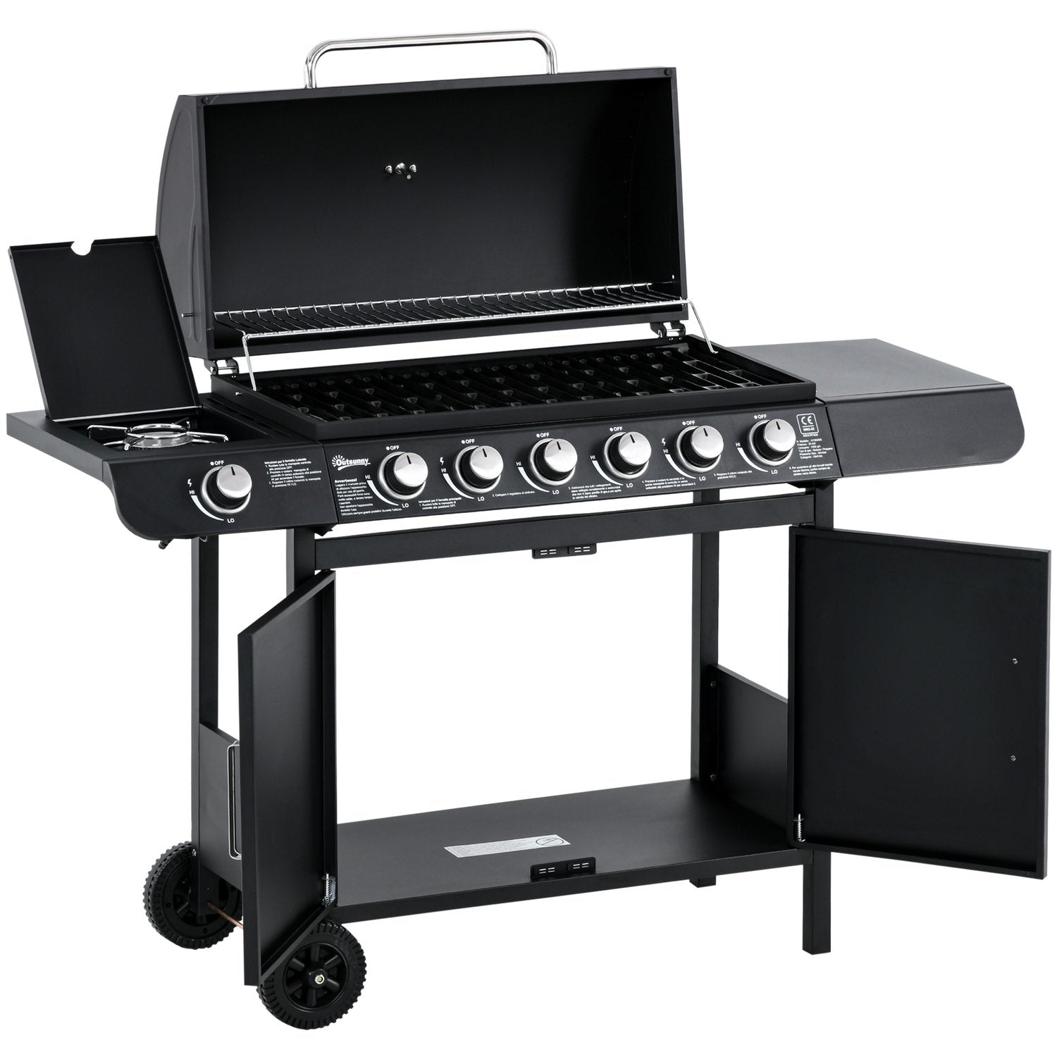 Gassgrill Bbq Grillvogn med 6 brennere 1 sidebrennerskap Multifunksjon Metall Svart 135 X 50 X 100 Cm