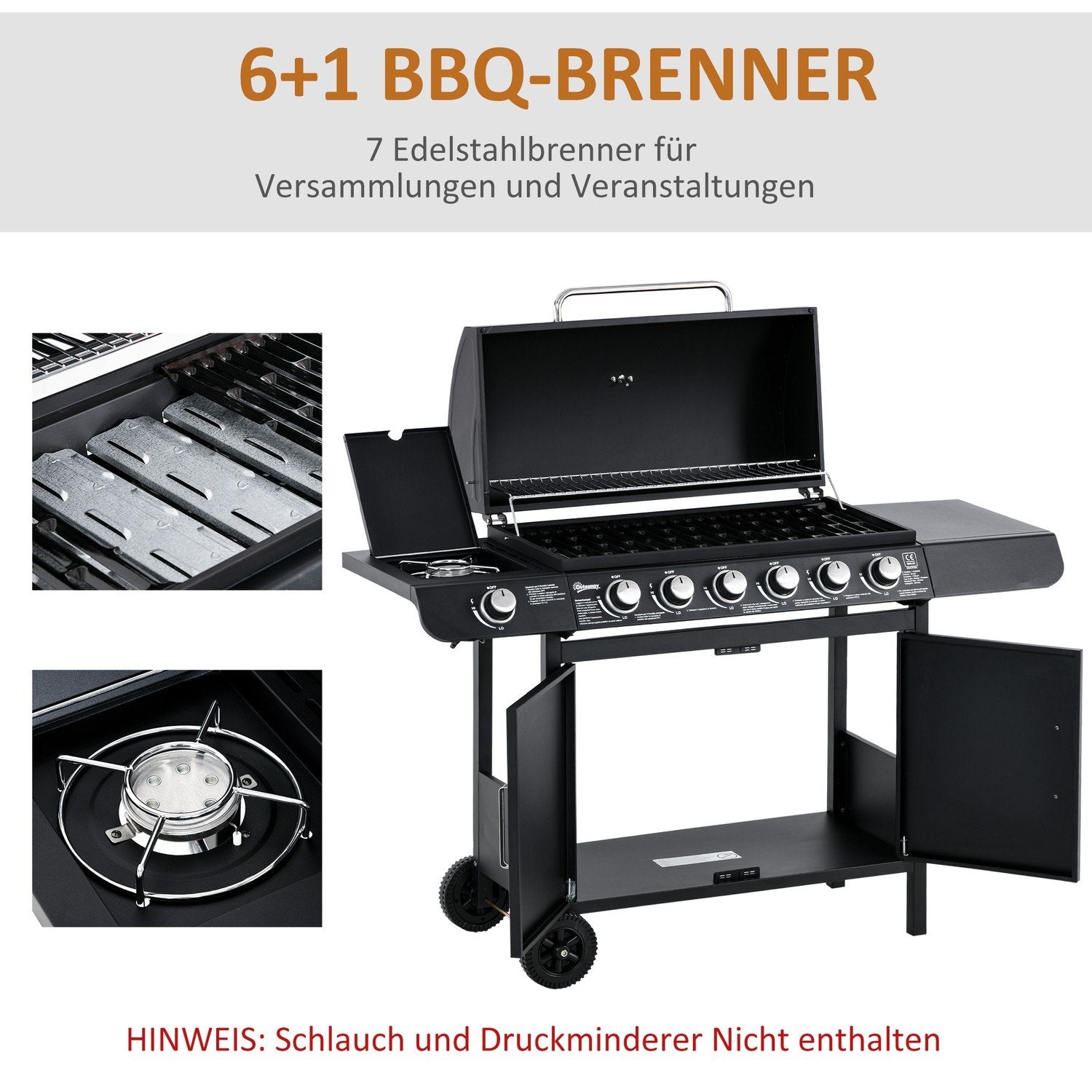 Gassgrill Bbq Grillvogn med 6 brennere 1 sidebrennerskap Multifunksjon Metall Svart 135 X 50 X 100 Cm