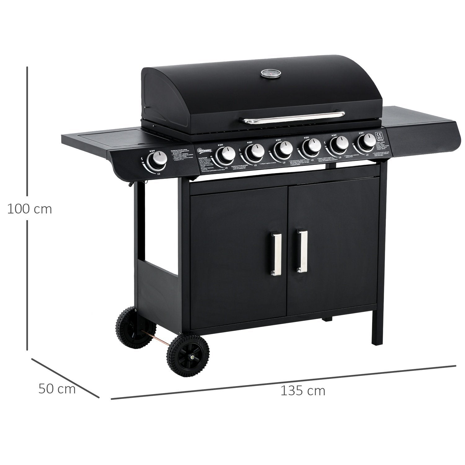 Gassgrill Bbq Grillvogn med 6 brennere 1 sidebrennerskap Multifunksjon Metall Svart 135 X 50 X 100 Cm