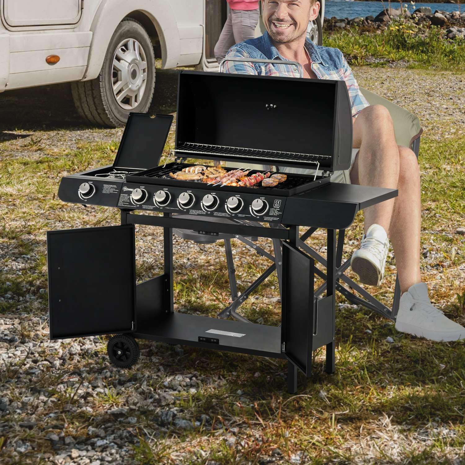 Gassgrill Bbq Grillvogn med 6 brennere 1 sidebrennerskap Multifunksjon Metall Svart 135 X 50 X 100 Cm