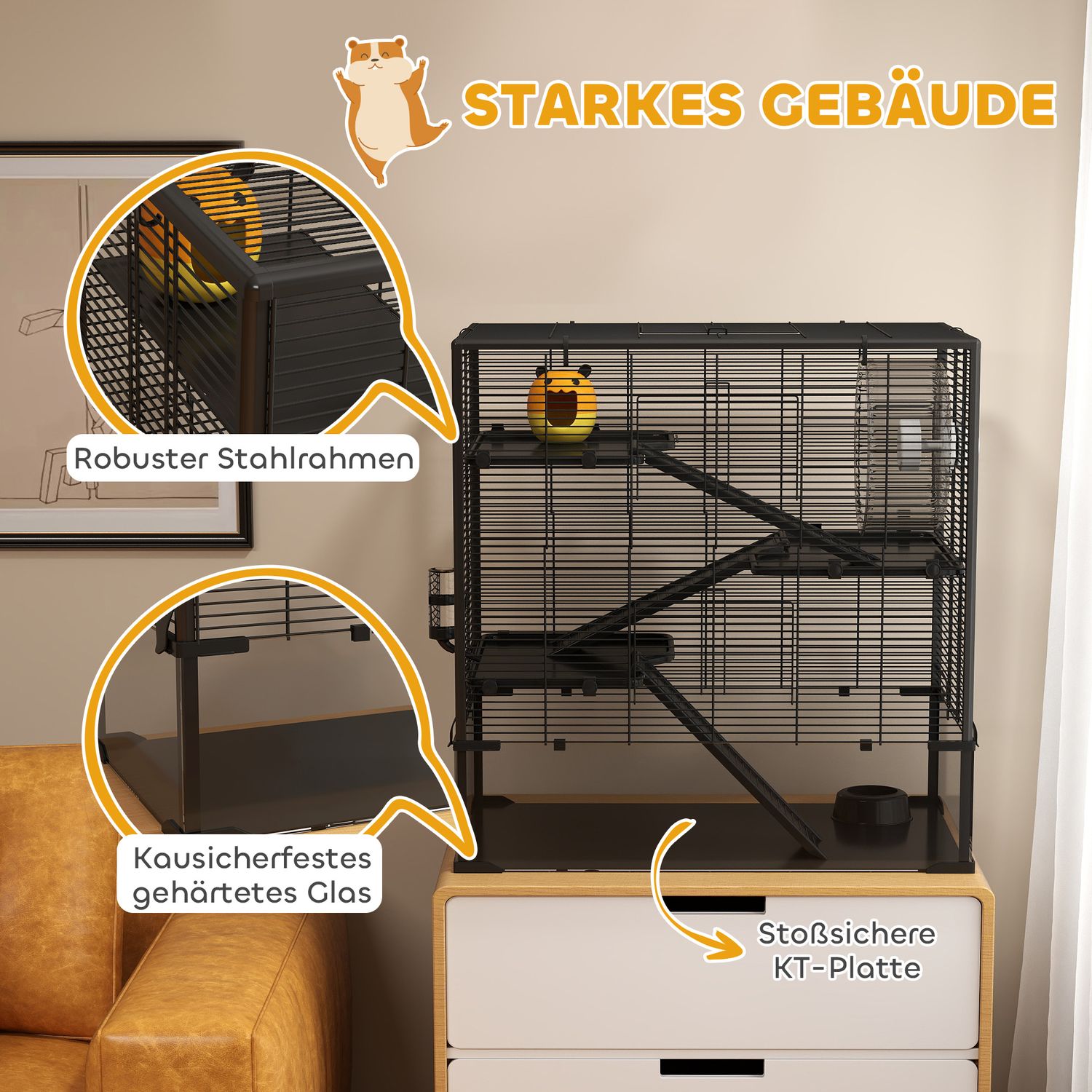 Dvärghamsterbur, 4-vånings med tillbehör, glasbas