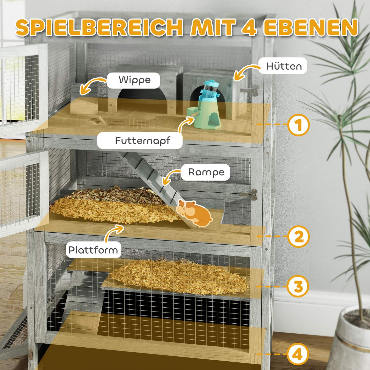 Dvärghamsterbur i trä – 4 nivåer, hyddor och tillbehör