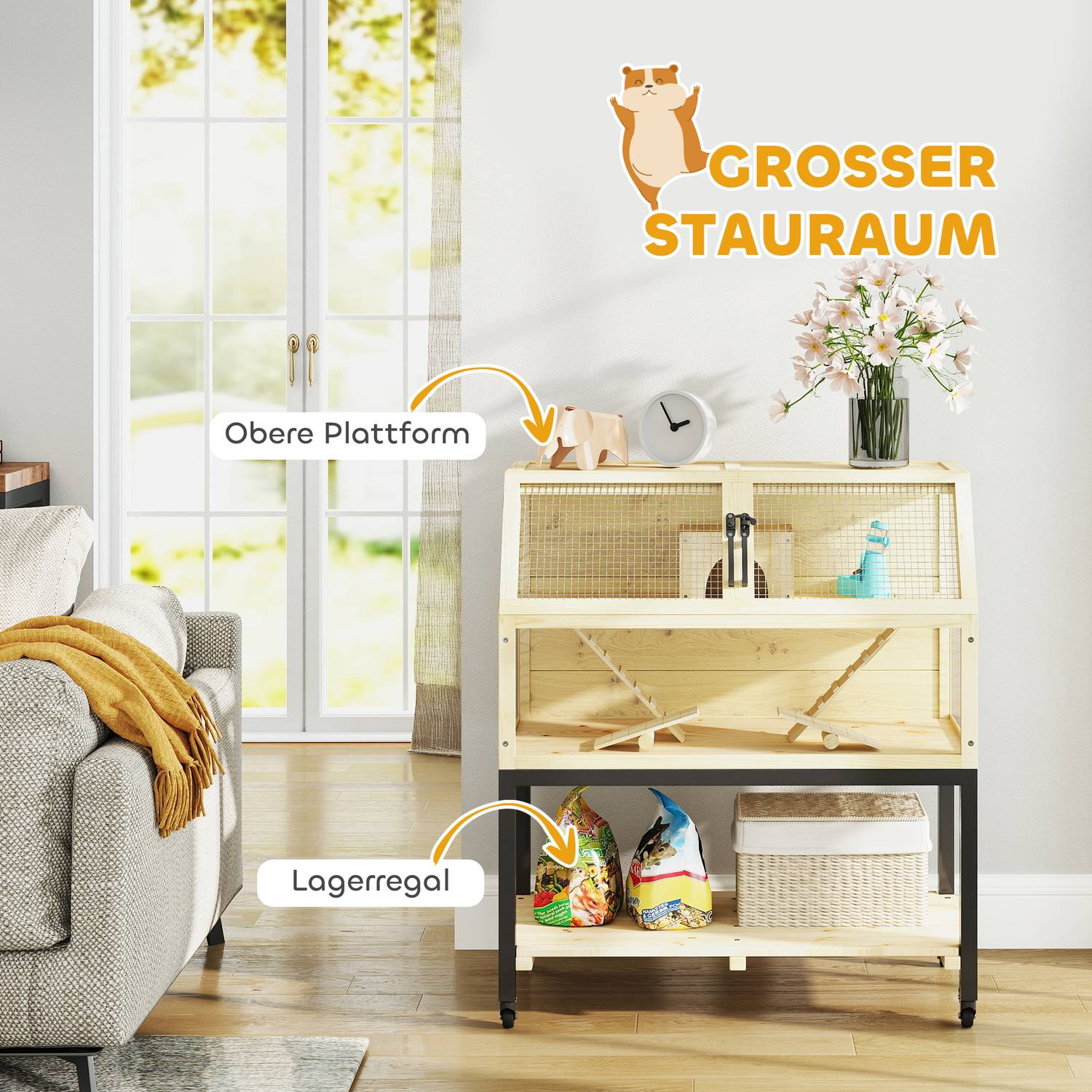 Dvärghamsterbur i trä med hjul och tillbehör