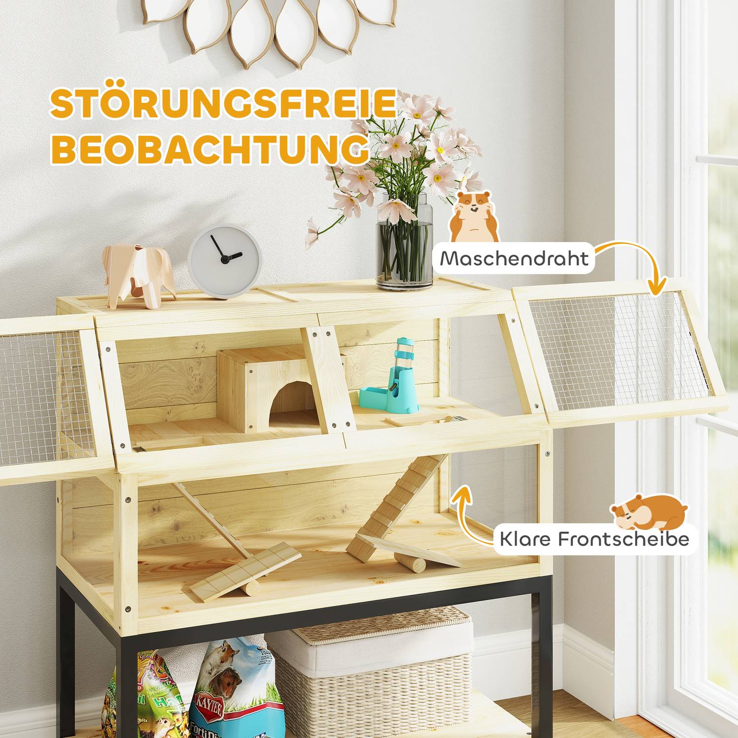 Dvärghamsterbur i trä med hjul och tillbehör