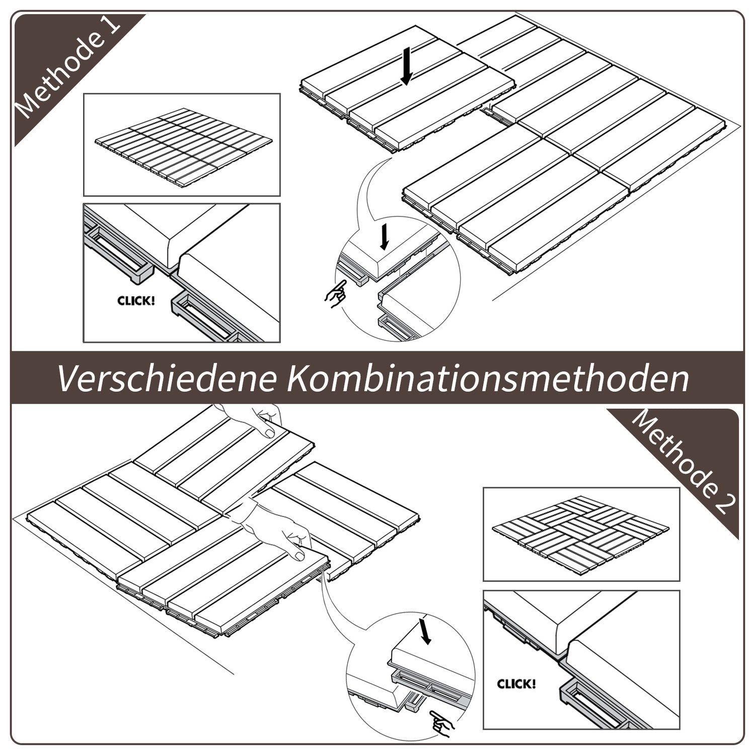 Sett med 9 terrassefliser Balkong Uteplass 30 X 30 Cm Hageklikk Flisgulv Gulvfliser Innendørs Utendørs Plast Brun