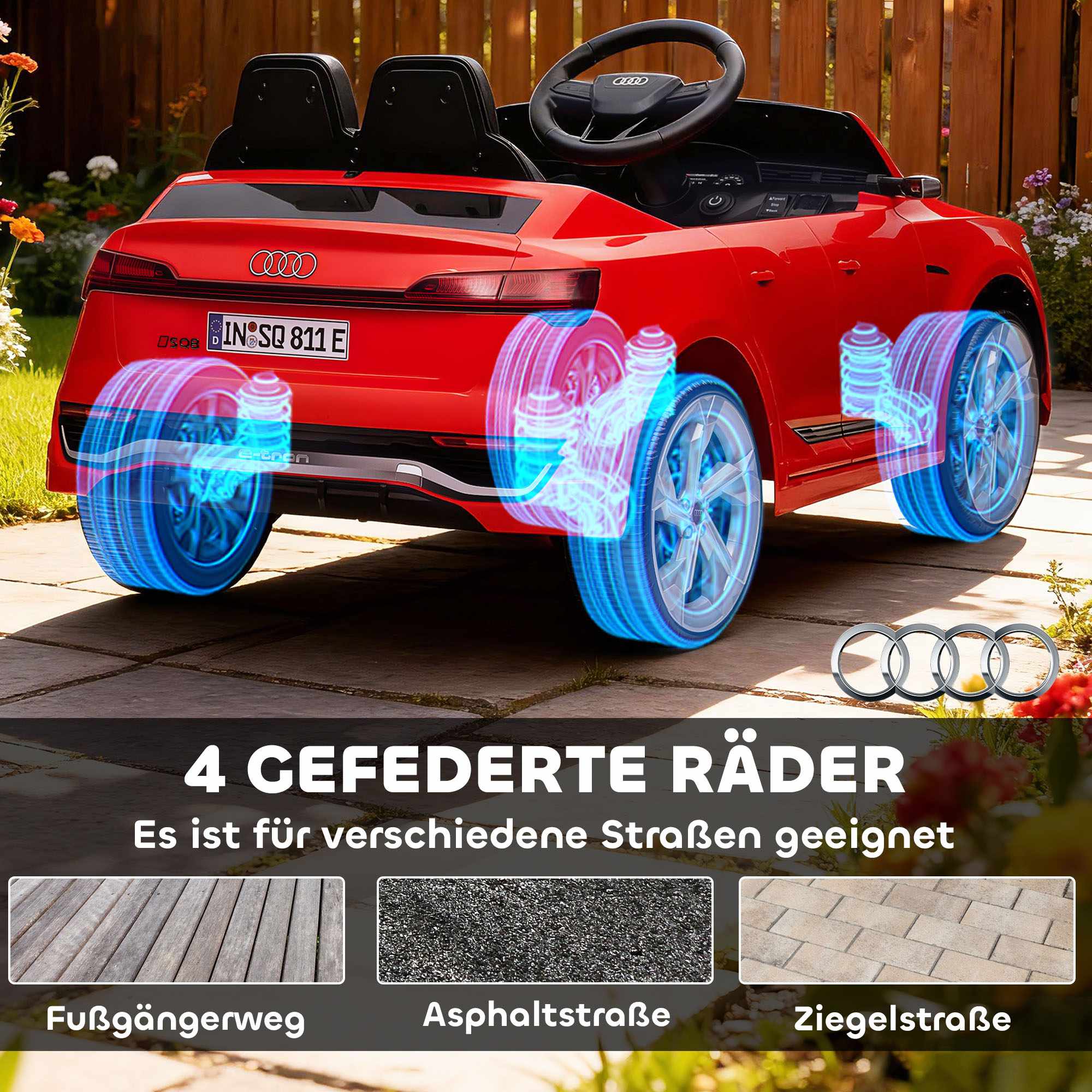 Elbil för barn, 12V Audi Q8, fjärrkontroll, lampor, musik, röd