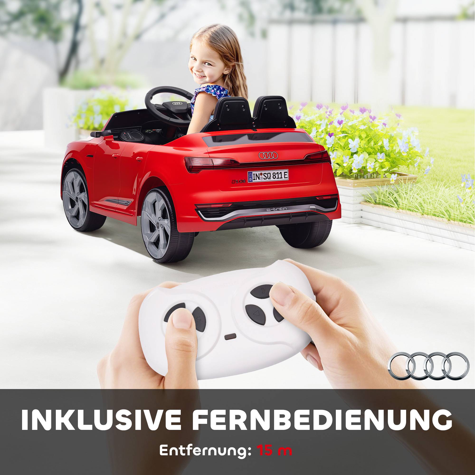 Elbil för barn, 12V Audi Q8, fjärrkontroll, lampor, musik, röd