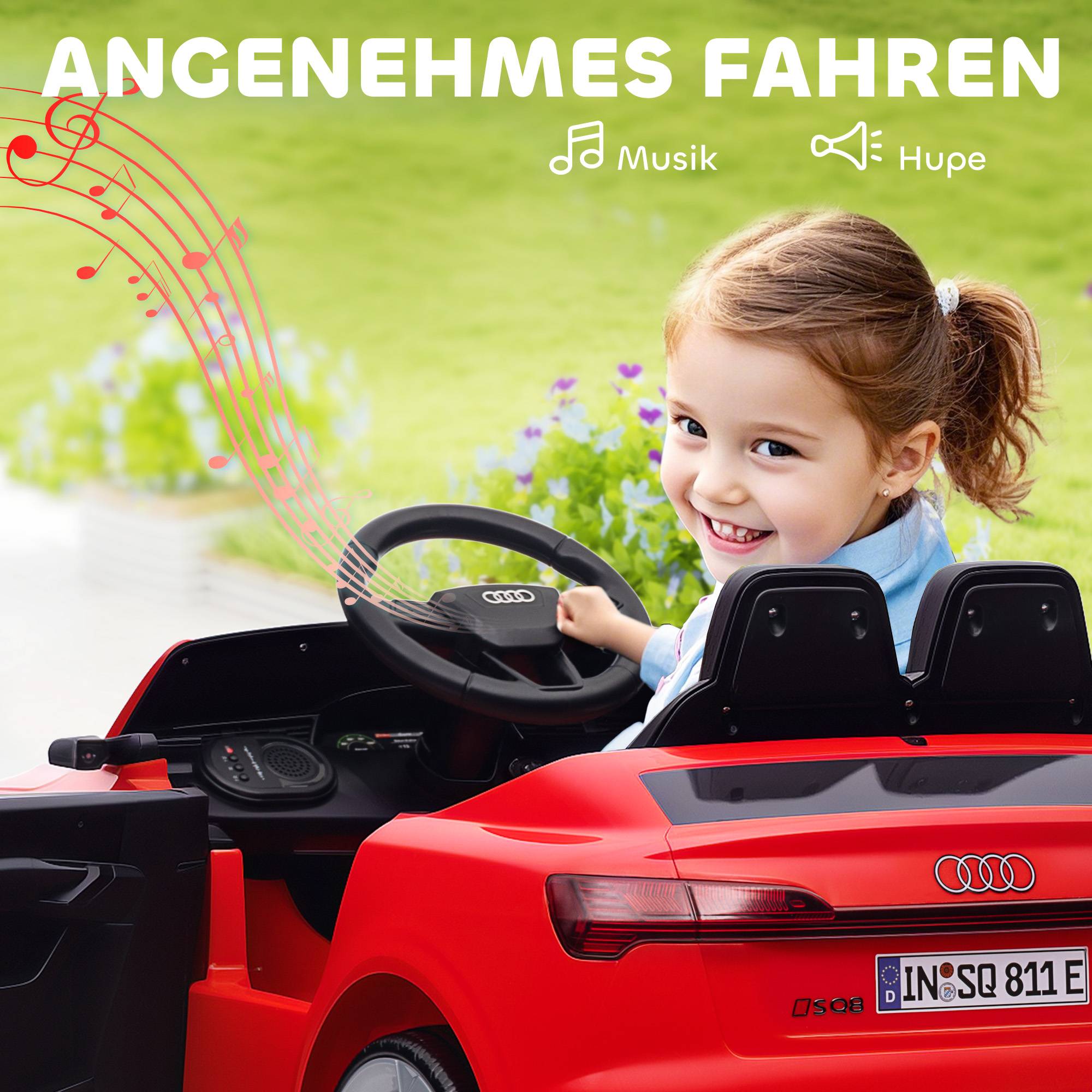 Elbil för barn, 12V Audi Q8, fjärrkontroll, lampor, musik, röd