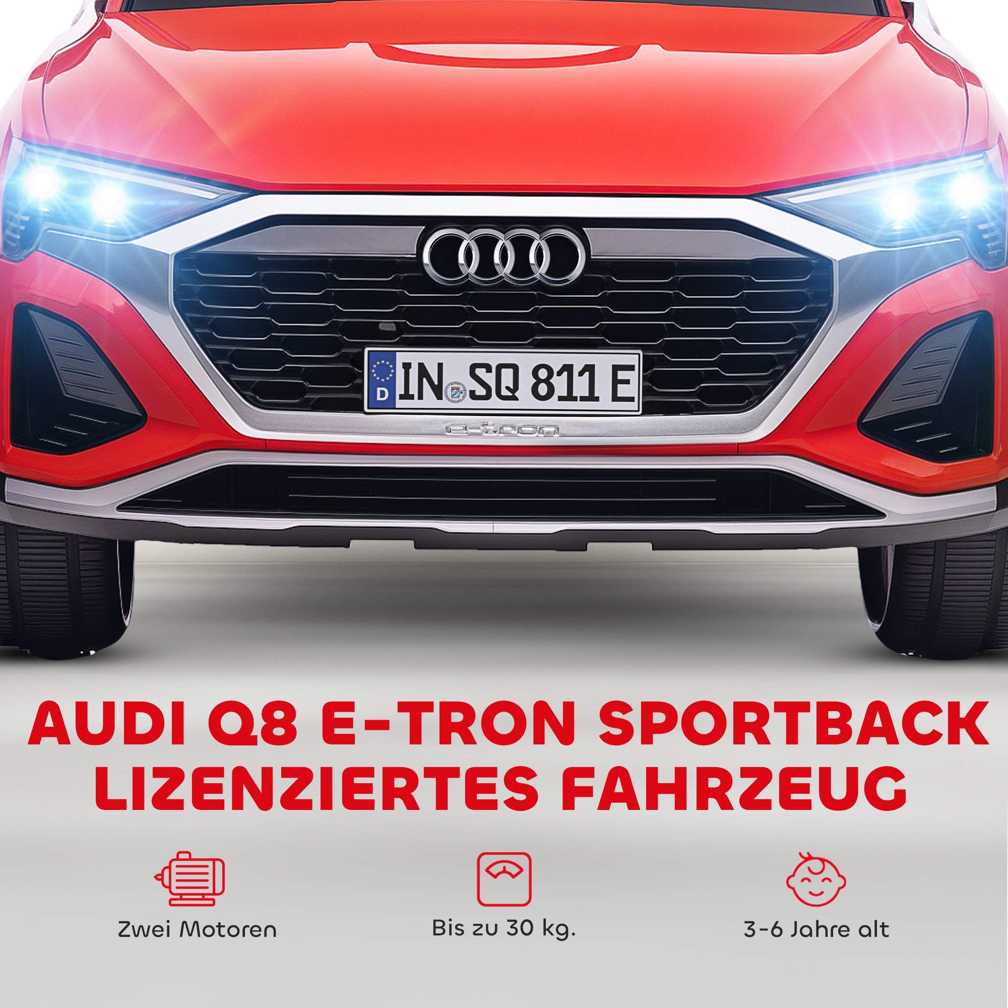 Elbil för barn, 12V Audi Q8, fjärrkontroll, lampor, musik, röd