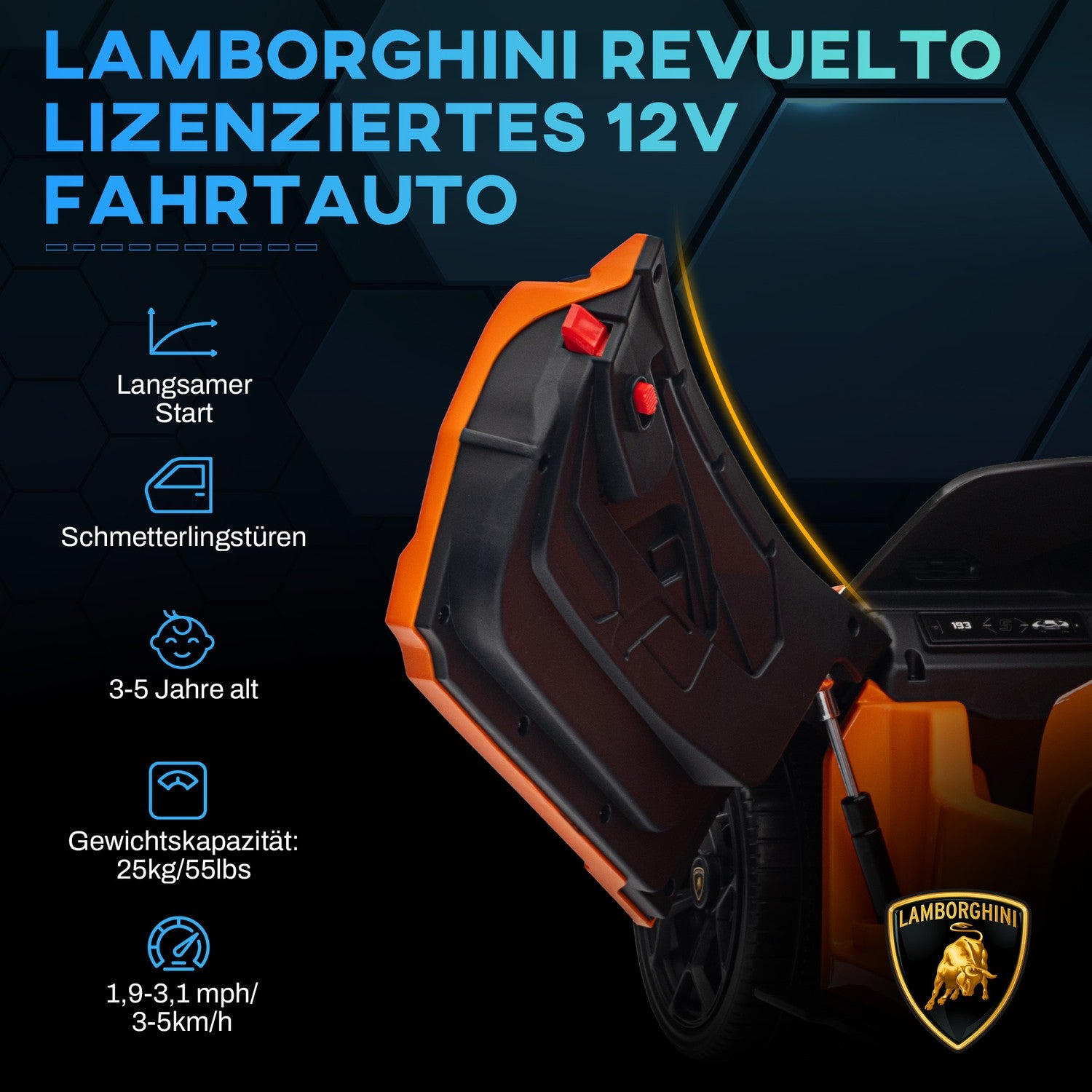 Elbil för barn 12V med fjärrkontroll, musik, USB-port, orange