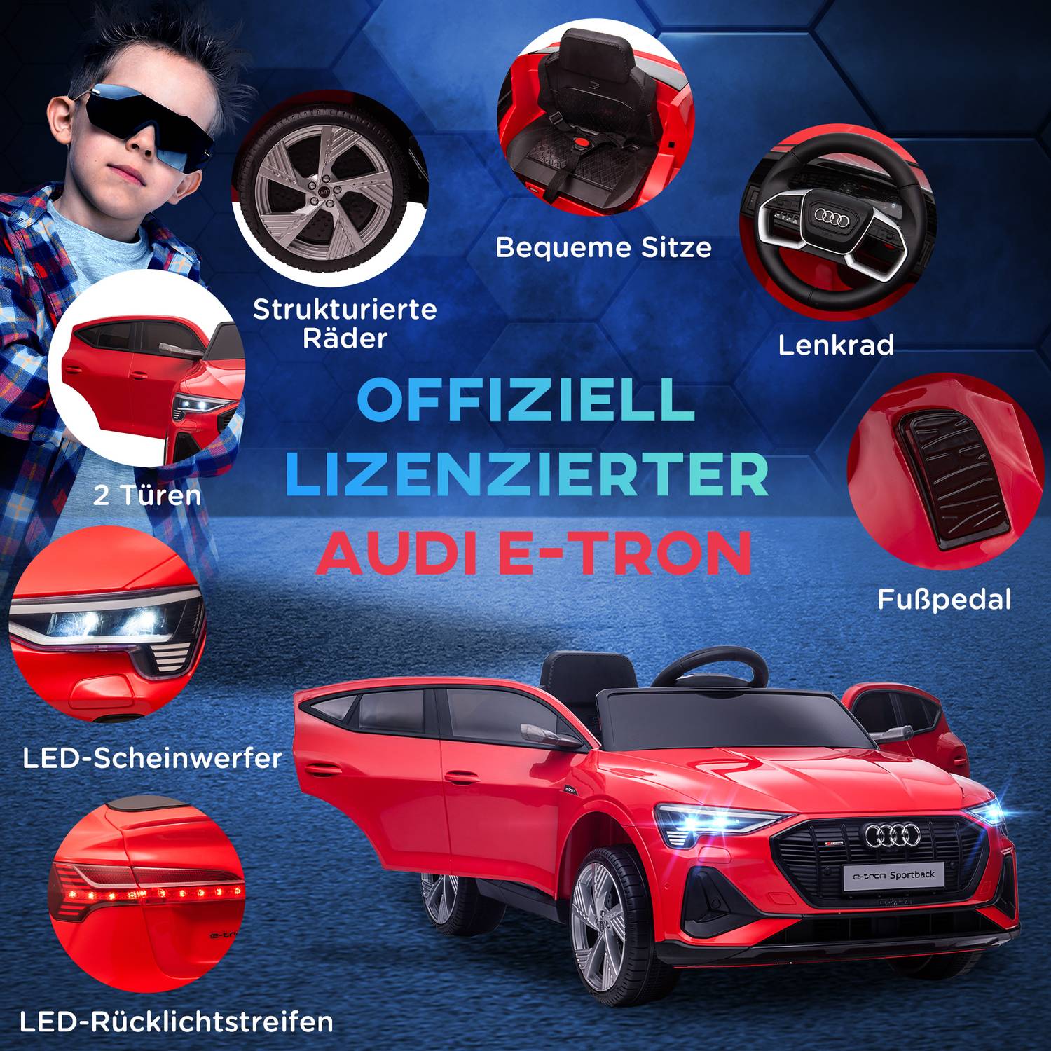 Elbil för barn med fjärrkontroll, säkerhetsbälte, musik – röd