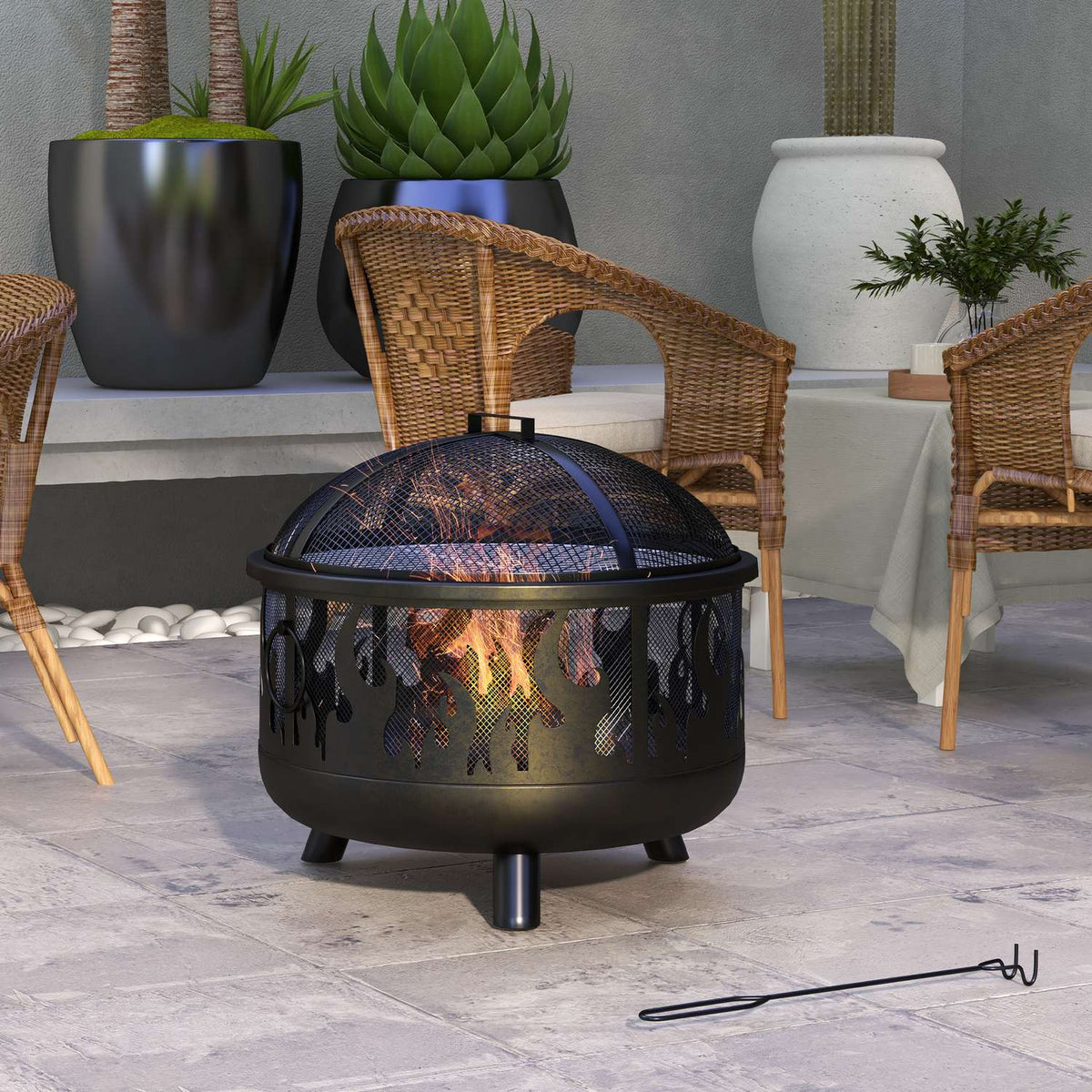 Bålpanne med gnistbeskyttelse & grill – metall, Ø61cm