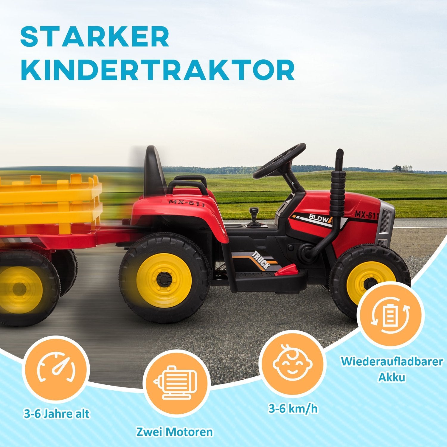 Eltraktor Elbil För Barn Med Släp, Fjärrkontroll, Mp3, Strålkastare, 3-6Km/H, Röd