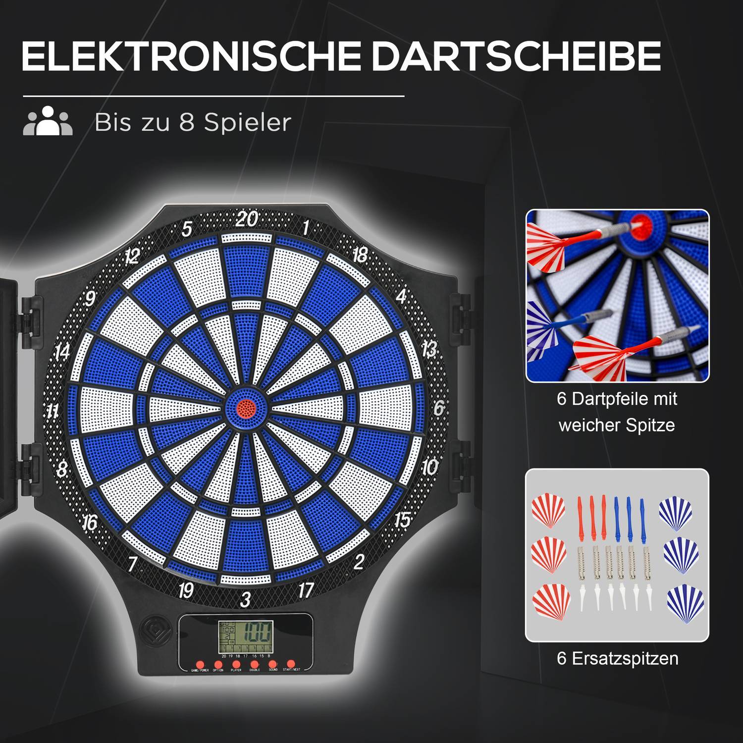 Elektronisk dartbrett darttavle med 12 dart, byttetips, dartmaskin, LCD-skjerm, for 8 spillere