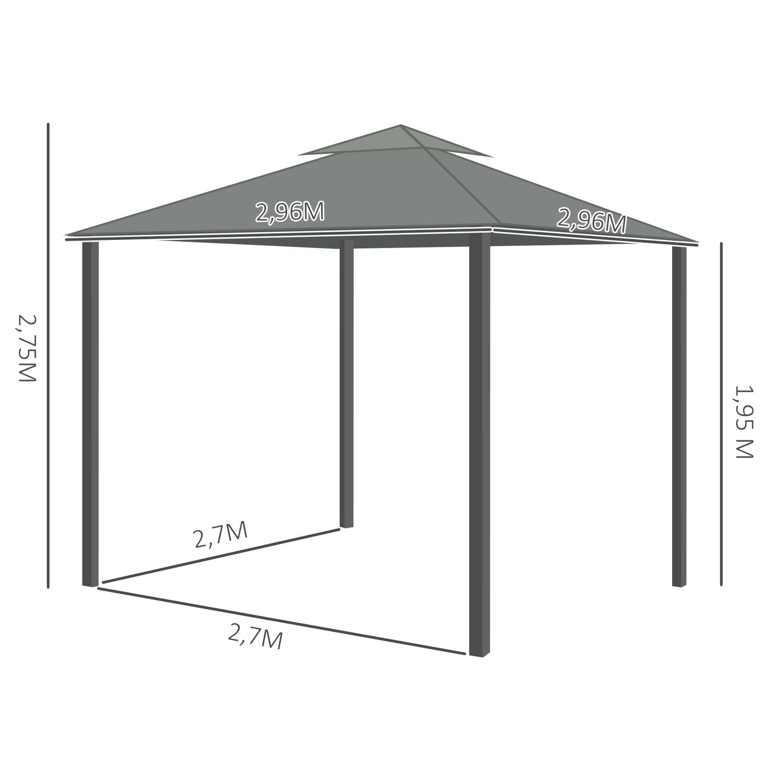 Hagepaviljong Paviljong 2,96 X 2,96 M Hagetelt Med Dobbelttak Festtelt Med 4 X Sidepaneler Myggnett Aluminium Polyester