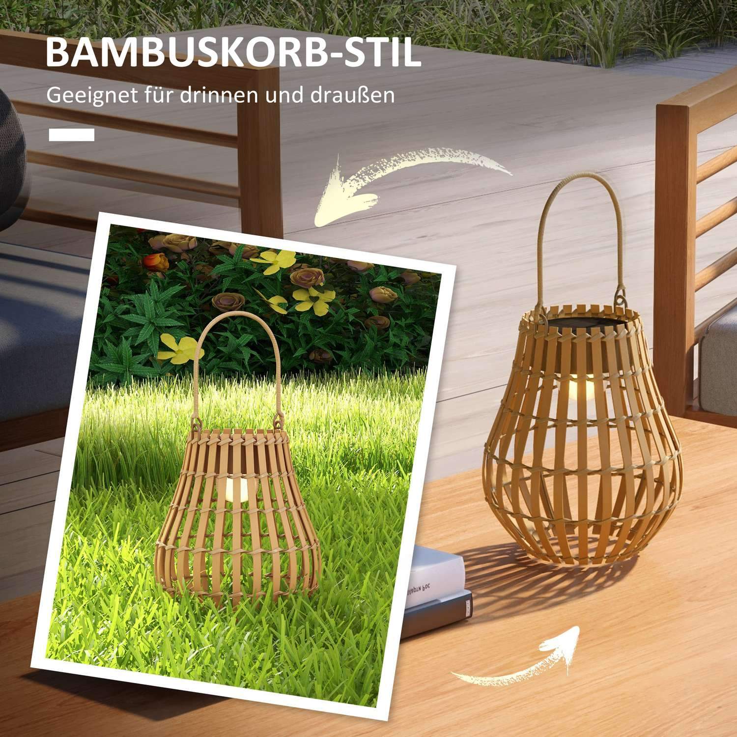 Solar Garden Lamp Usb Uppladdningsbar, 3 Ljusa Färger, Med Handtag & Bambuskärm, Naturlig, Ip44