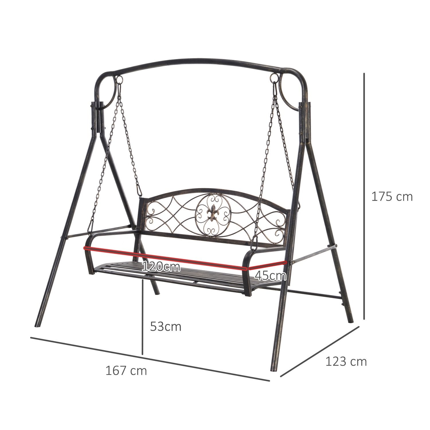 Hagehuske for 2 personer, Hollywood-huske, huskebenk, metall, bronse, 167 X 123 X 175 cm