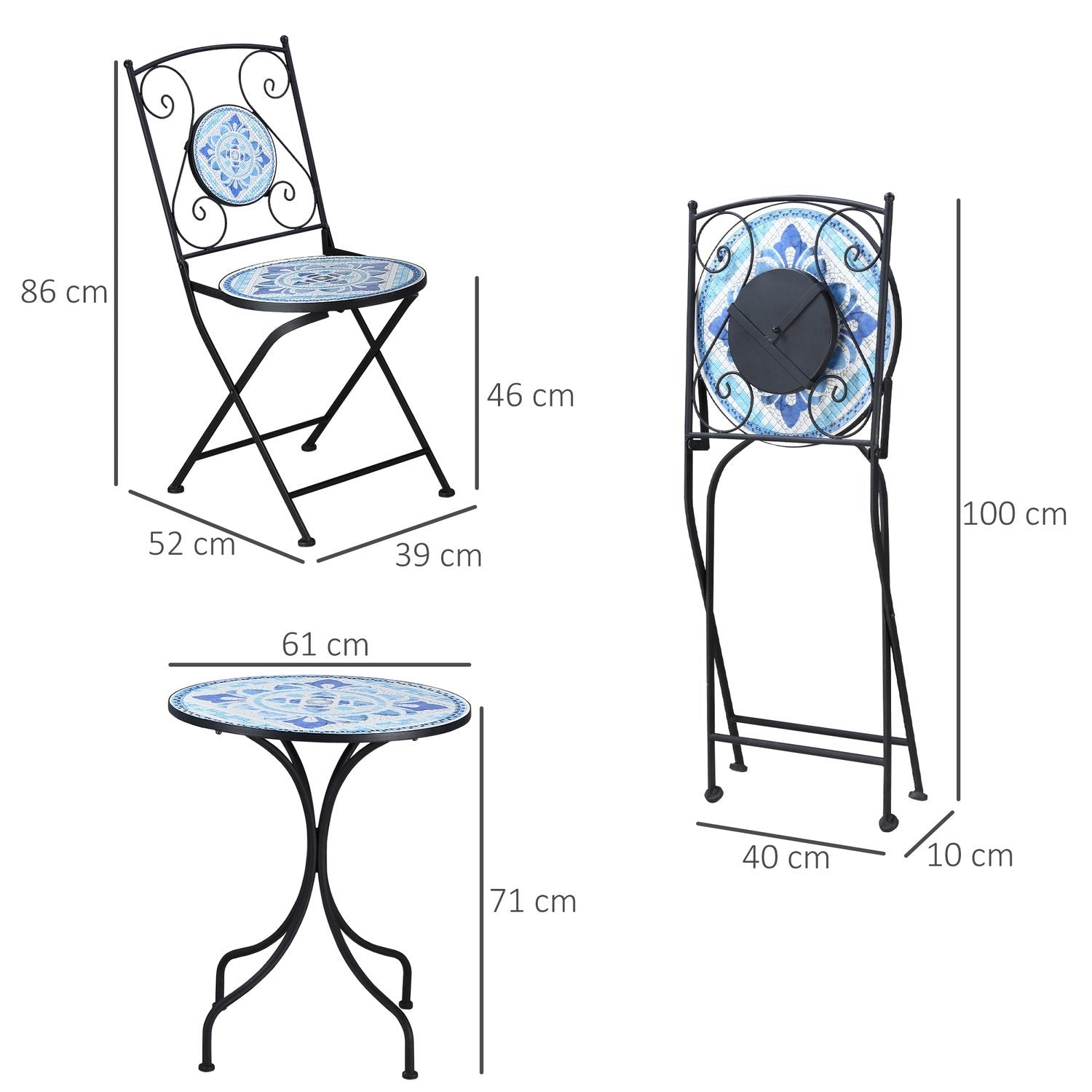 Ø 61 Cm Hage Sittegruppe For 2 Personer Bistrosett 1 bord + 2 sammenleggbare stoler Stålblå