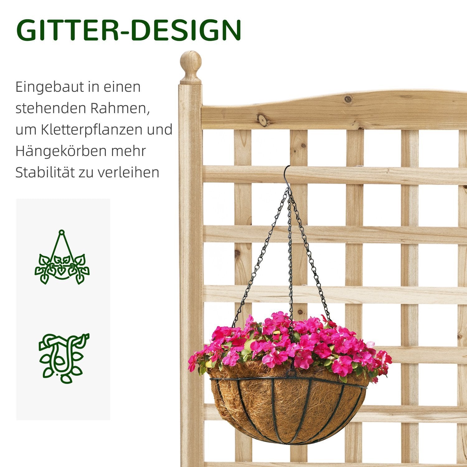 Plantekasse med espalier, blomsterkasse for klatreplanter, tre, naturlig, 64X28X120Cm