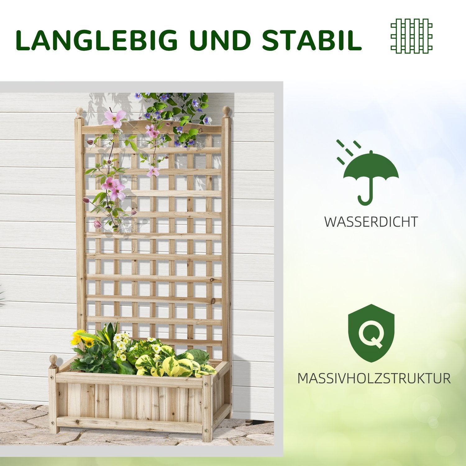 Plantekasse med espalier, blomsterkasse for klatreplanter, tre, naturlig, 64X28X120Cm