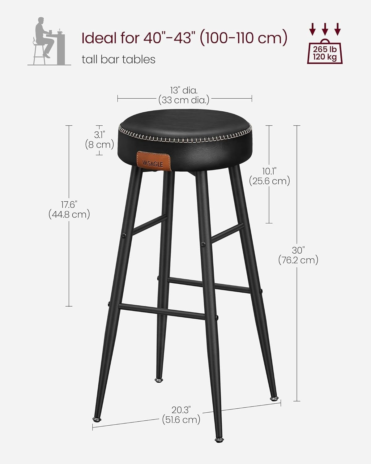 Elegante barkrakker i kunstskinn - sett med 2, svart, 30”H