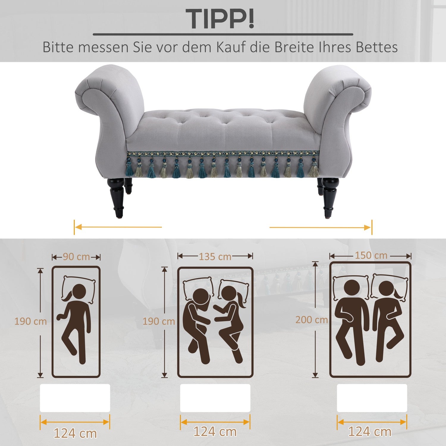 Elegant grå klädd träbänk – 117 x 40 x 58 cm